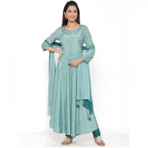 Sea Green Embroidered Silk Crepe Anarkali Kurta With Churidar Pant & Dupatta Sea Green Embroidered Silk Crepe Anarkali Kurta With Churidar Pant & Dupatta