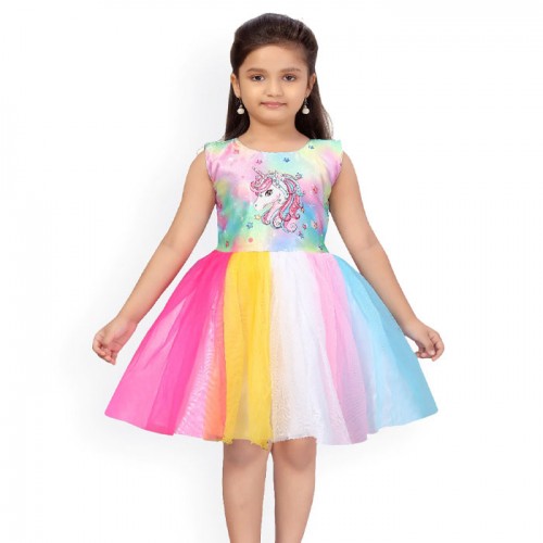 Girls Multicoloured Unicorn Printed Fit and Flare Dress Girls Multicoloured Unicorn Printed Fit and Flare Dress