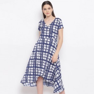 Printed Overlap Dress In White & Blue