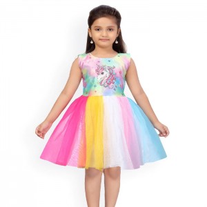Girls Multicoloured Unicorn Printed Fit and Flare Dress